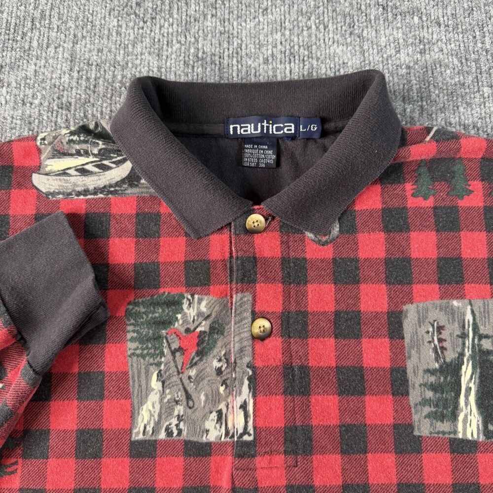 Vtg Nautica Buffalo Plaid Graphic Polo Mens Large Red Long Sleeve Rugby AOP Rare